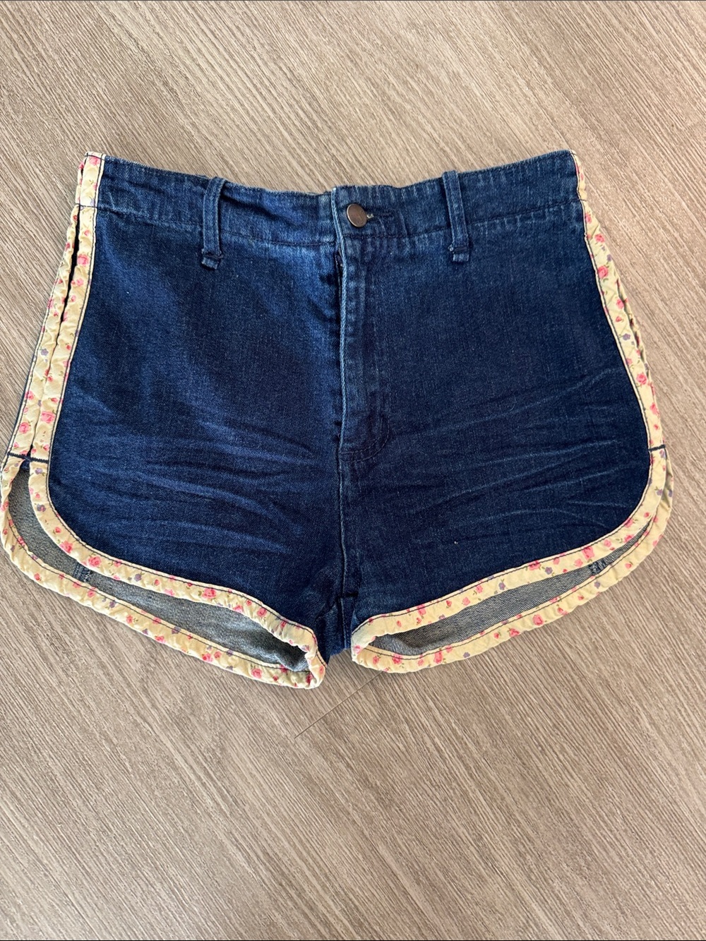 Dark Blue Denim Women’s Shorts with Floral Trim